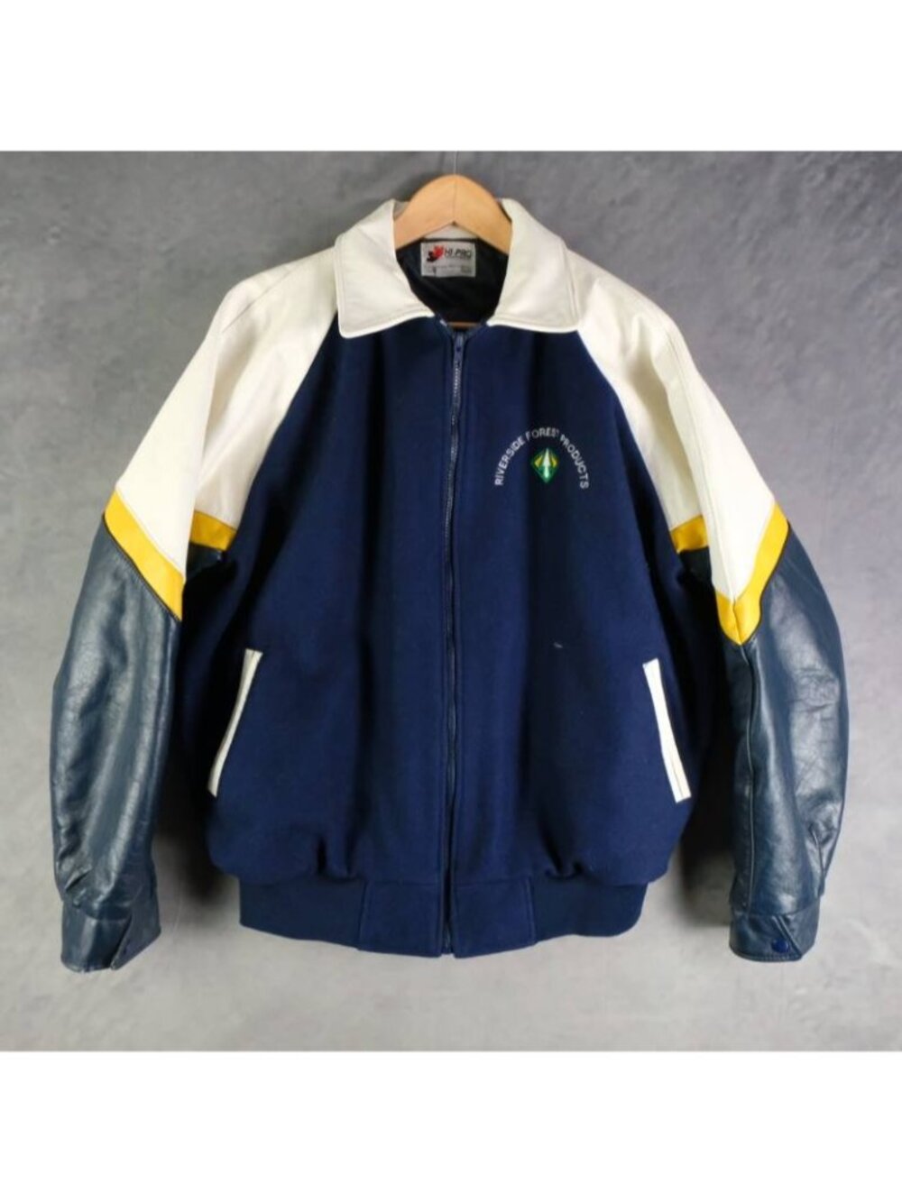 Vintage Bomber Jacket Men's XL Navy White Yellow Colorblock Leather Sleeve Wool
